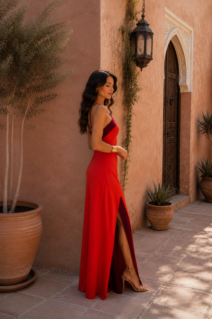 Vestido largo con cuello halter y abertura