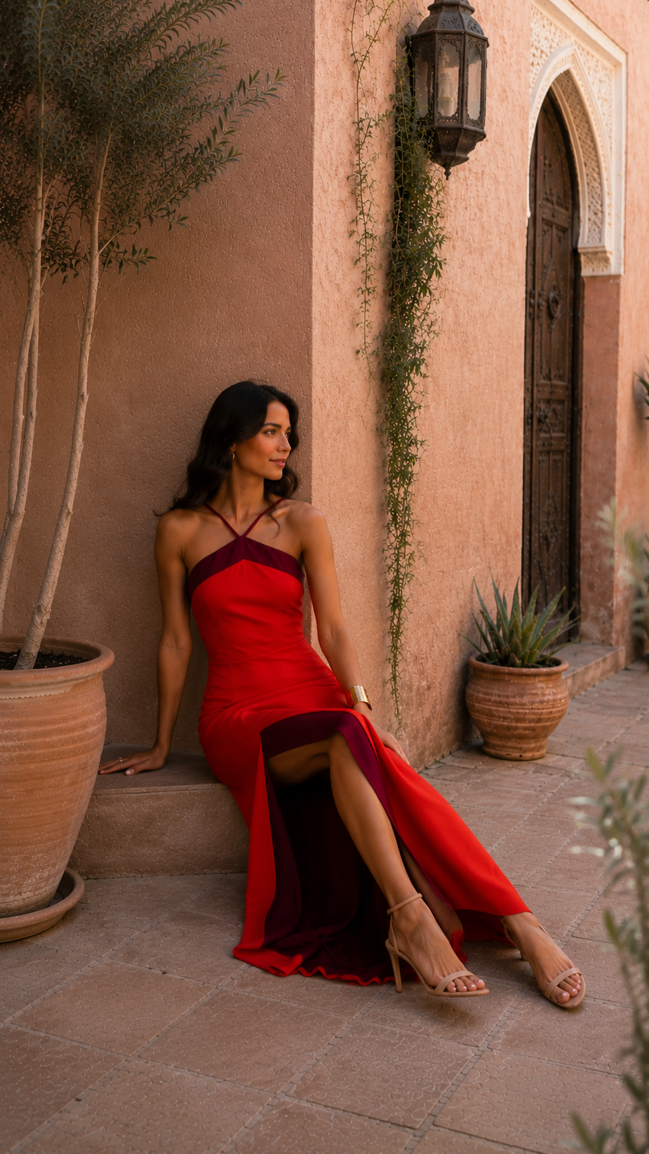 Vestido largo con cuello halter y abertura