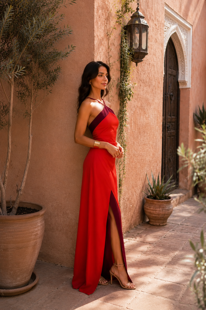 Vestido largo con cuello halter y abertura