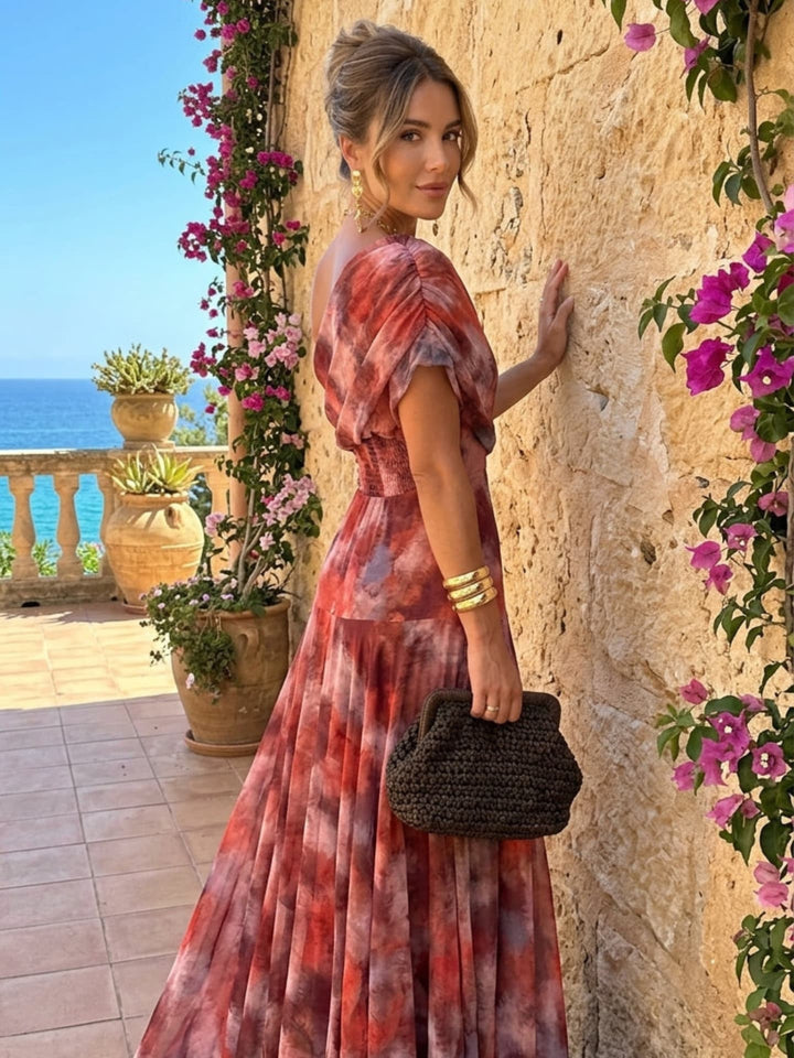 Vestido largo de hombros descubiertos con estampado de acuarela