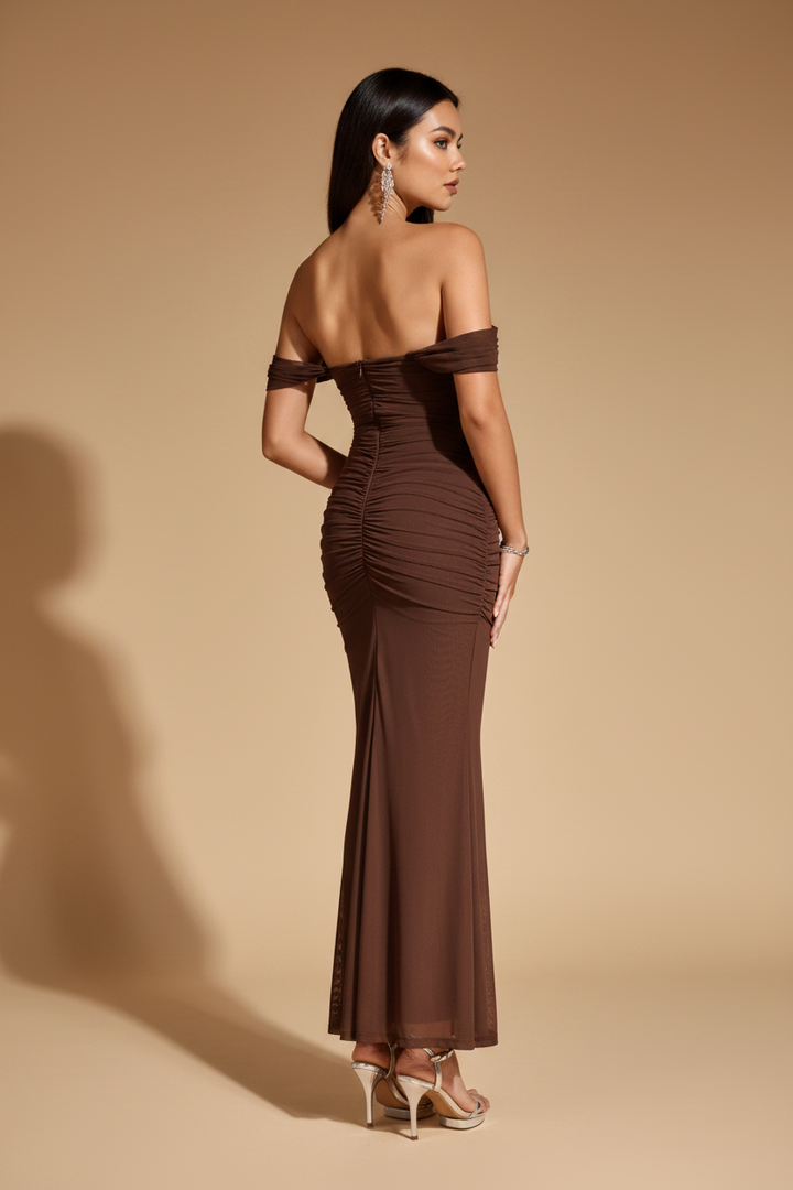 Serena Vestido Largo Drapeado Chocolate