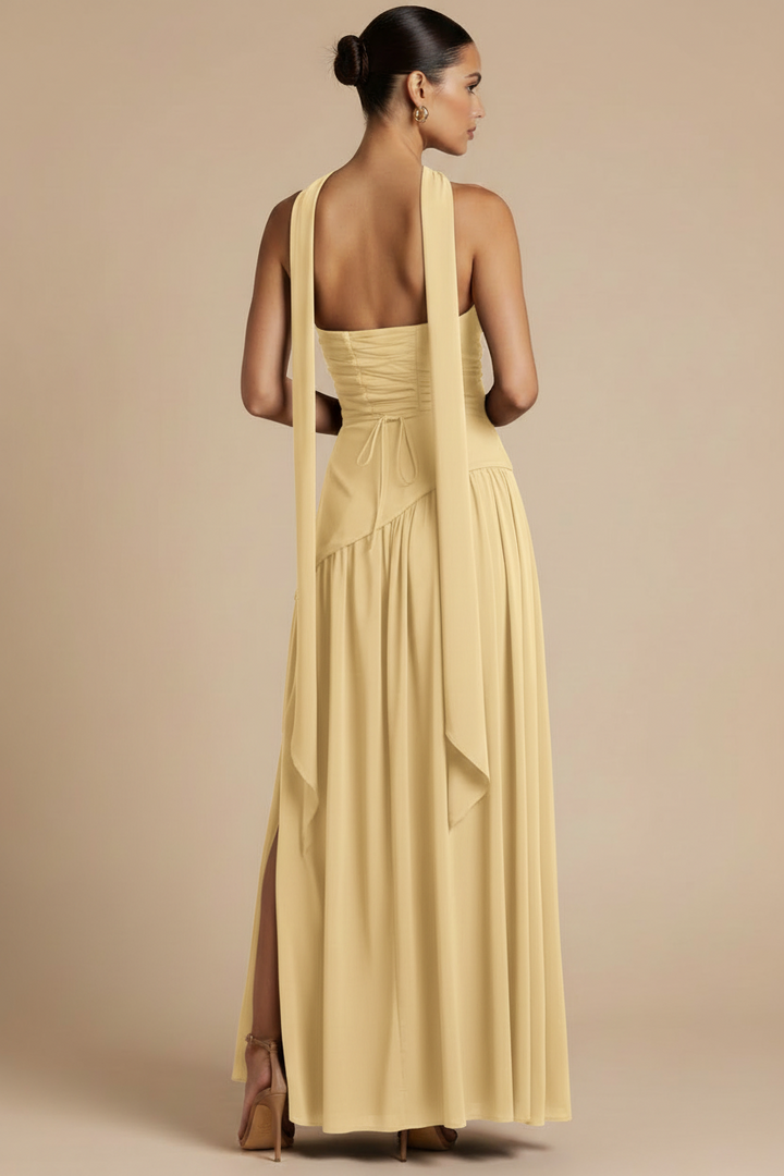Valeria – Vestido Maxi Strapless Abertura Elegante Amarillo Claro