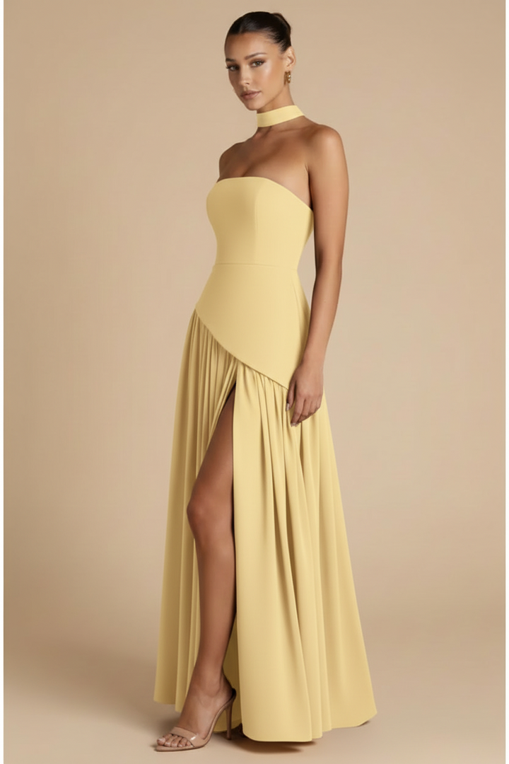 Valeria – Vestido Maxi Strapless Abertura Elegante Amarillo Claro