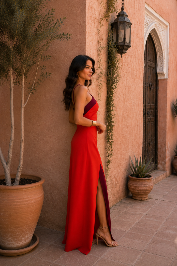 Vestido largo con cuello halter y abertura
