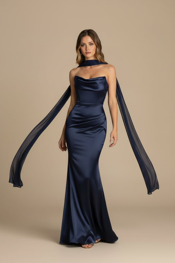 Serena – Vestido Maxi Strapless Efecto Silueta Azul Marino