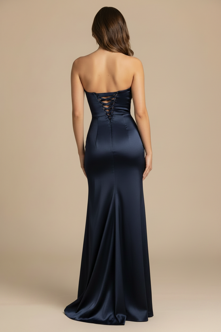 Serena – Vestido Maxi Strapless Efecto Silueta Azul Marino