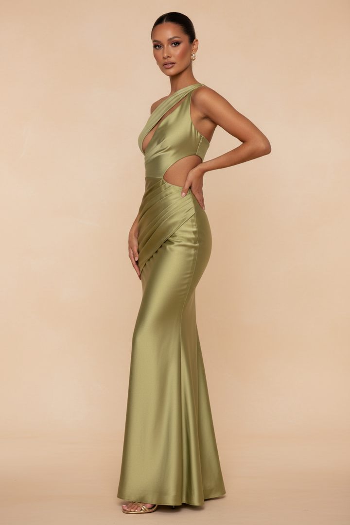 Aveline – Vestido Maxi Asimétrico Satinado Verde Oliva