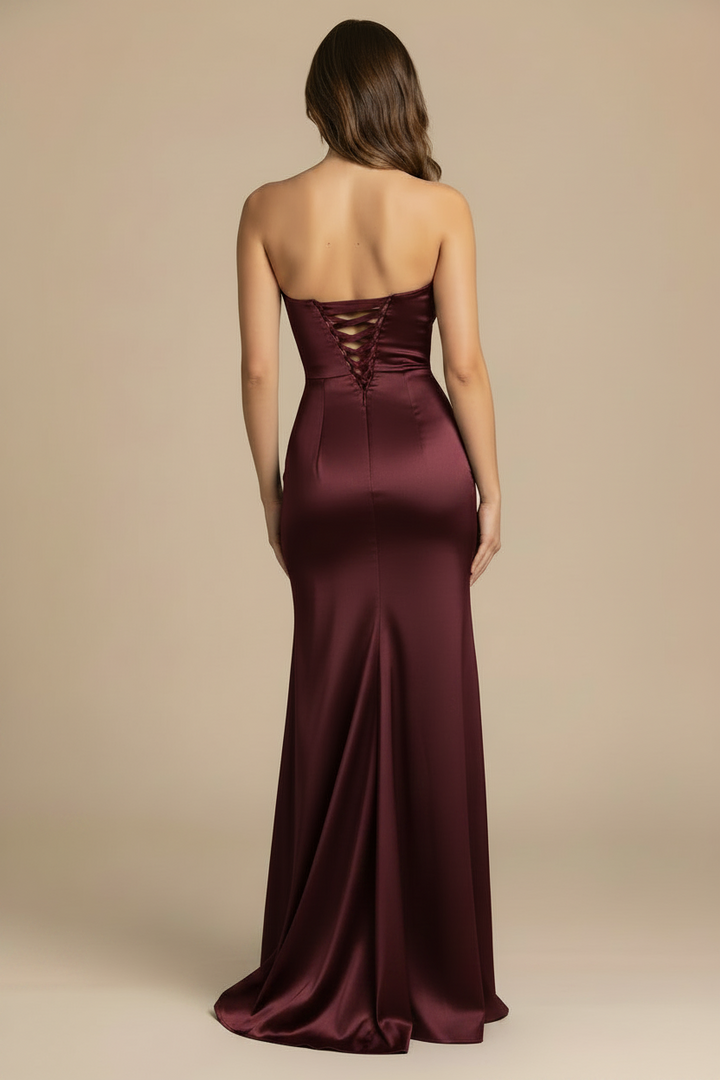 Serena – Vestido Maxi Strapless Efecto Silueta Burdeos