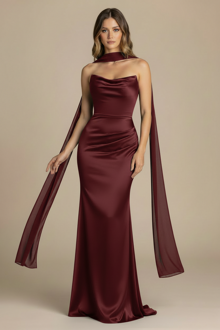 Serena – Vestido Maxi Strapless Efecto Silueta Burdeos