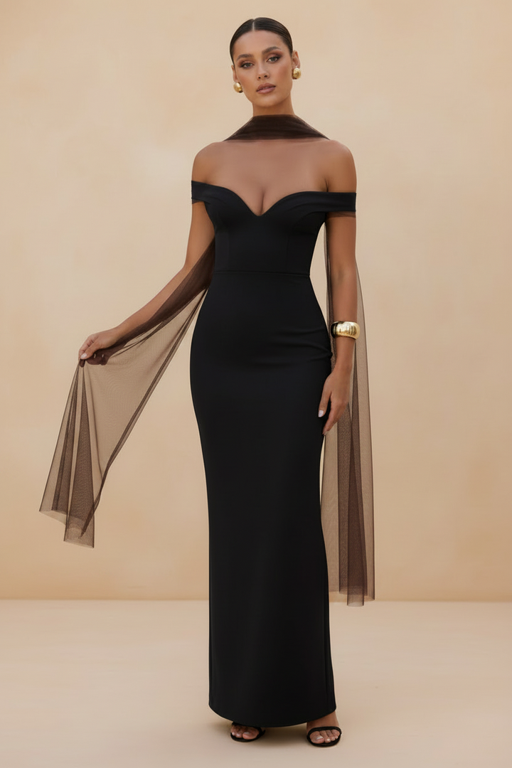 Selene – Vestido Maxi Off Shoulder Efecto Silueta Negro