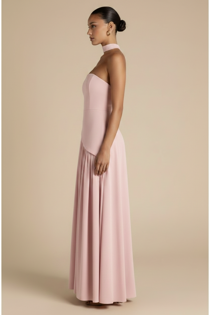 Valeria – Vestido Maxi Strapless Abertura Elegante Rosa Claro